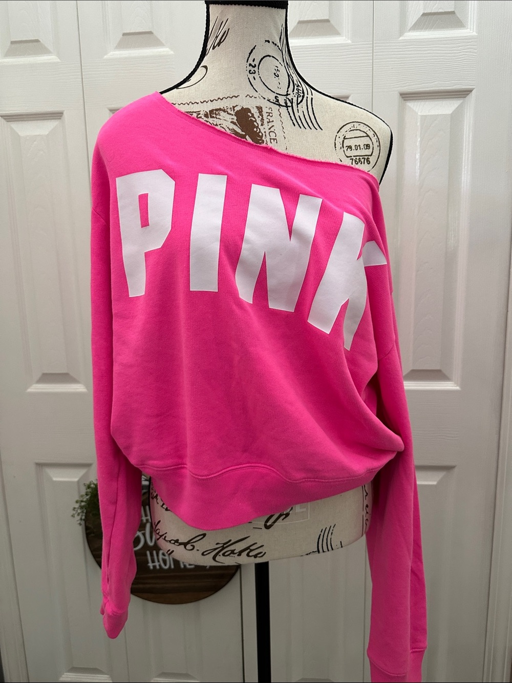 PINK Victoria's Secret One-Shoulder Logo Sweatshirt - Bright Pink NWOT